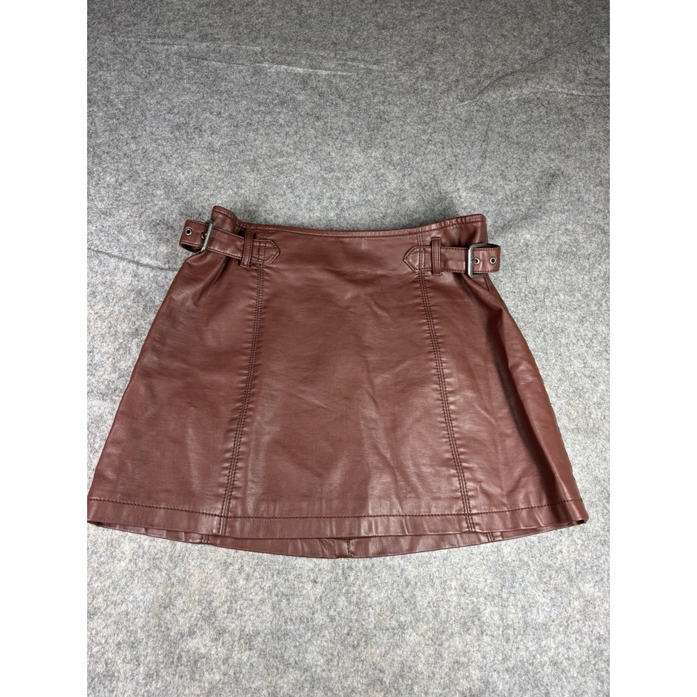 Free‎ People Vegan Leather Mini Skirt Brown Buckle Detail A-Line 2 Going Out